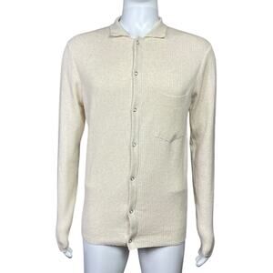 Percival Men's M Cream Collared Cotton Snap Button Up Knit Long Sleeve Shirt EUC